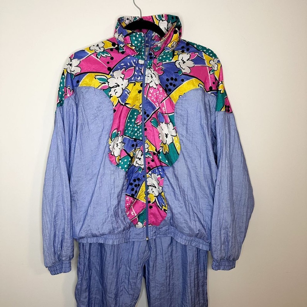 Vintage 90s Floral Tracksuit Multicolor Jacket & Pants Set Size Small